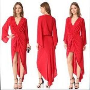 Misa Los Angeles Long Sleeve High Low Cocktail Holiday Formal Party Dress, Red